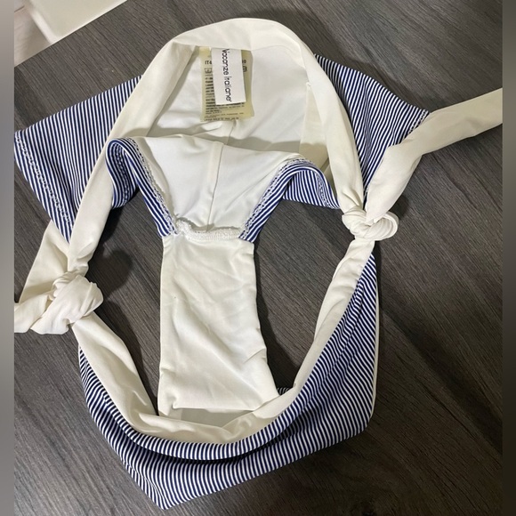 Vacanze Italiane Blue and White Embroidered Striped Halter Bikini - Picture 7 of 10